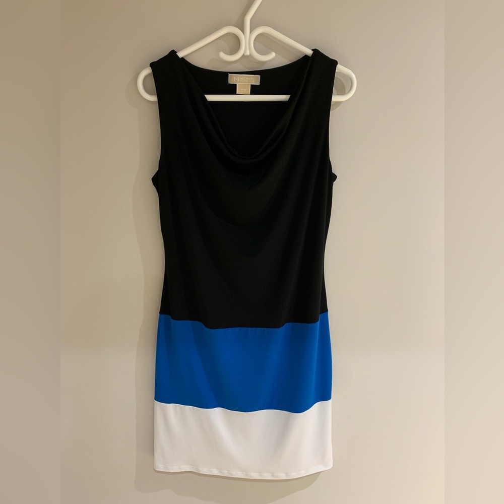 MICHAEL Michael Kors Black/Blue/White ColourBlock Fitted Cowl Neck Mini Dress